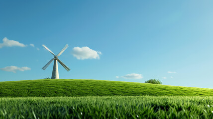 Breezy hillside with a windmill against a bright blue sky and lush green grass, ideal for summer relaxation 