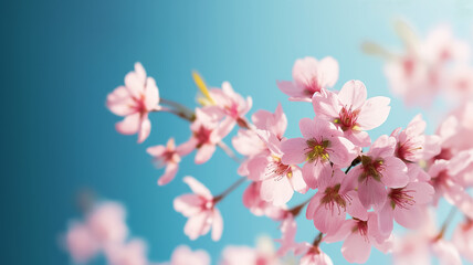 Obraz premium Cherry blossom trees in full bloom with pink petals under a bright blue sky, capturing summer bliss 