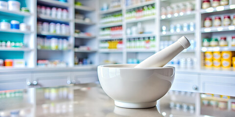 White mortar for preparing medicines in a pharmacy, against the backdrop of pharmacy shelves filled with various medications.
