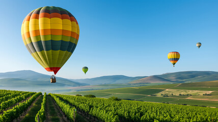 Fototapeta premium Colorful hot air balloons floating over green vineyards with a clear blue sky backdrop, creating a dreamy summer scene 