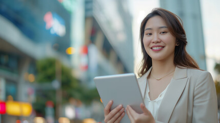 Businesswoman use of tablet computer in city smiling outdoors with a history of building businesses The idea began to work. Starting a business, looking at goals