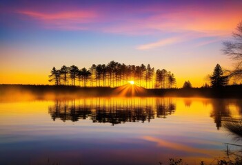 Naklejka premium A sunset over a calm pond with trees silhouetted against the colorful sky