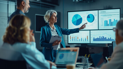 Middle-aged business woman presents data analysis panel on TV screen in meeting with business groups in conference rooms, training and workshops with senior managers, leaders, CEOs
