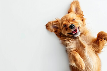 Cute Puppy laying on the floor top view flat lay with white copy space white background
