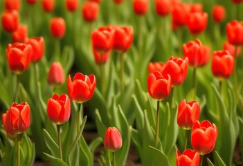 A row of vibrant red tulips with a clear blue sky in the background