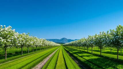 Naklejka premium Expansive orchard with rows of blossoming trees under a pristine blue sky, embodying summers natural beauty 