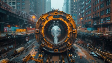 Fototapeta premium Tunnel Boring Machine in Urban Construction Site. Urban construction site featuring a tunnel boring machine, with buildings and infrastructure surrounding the area.