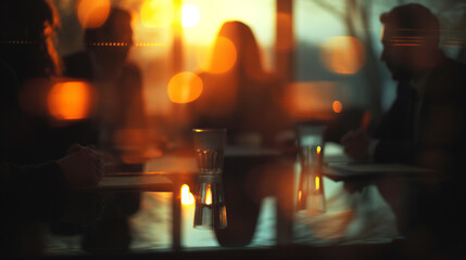 Blurred image of business team, office meeting, professional discussion in office room with bokeh lights.