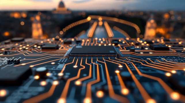Intricate semiconductor map layered over a picturesque aerial view of Romes historic landmarks at sunrise 