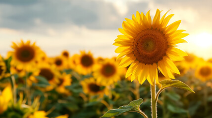 Fototapeta premium Majestic sunflower field under a golden sunset sky, creating a warm and inviting summer panorama 
