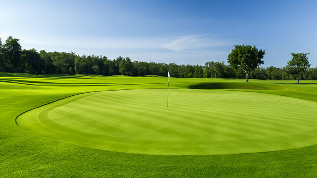Lush green golf course with perfectly manicured fairways under a bright blue sky, showcasing summer leisure 