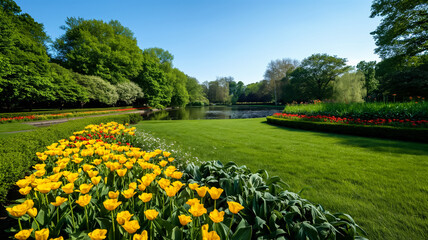 Obraz premium Peaceful riverside park with vibrant green trees and colorful flower beds under a clear blue sky 