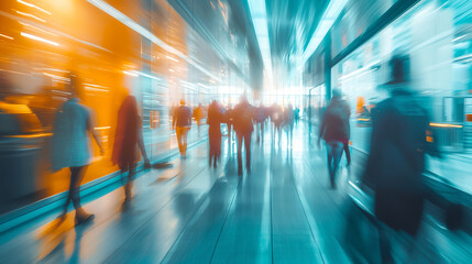 Blurred image of businessman walking in office building background, modern environment.