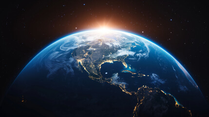 Stunning view of Earth from space with the sun rising over North America. The planet's curvature, illuminated cities, and cloud formations are visible against the vast expanse of the cosmos
