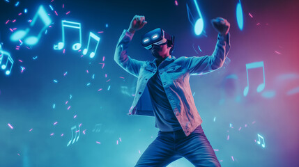 Men sing and move to music using VR headsets at Neon Club, enjoying dancing while entering the metaverse, or simulated world, surrounded by musical notes.