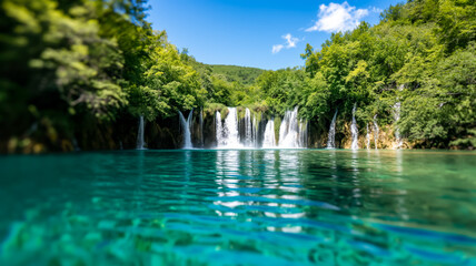 Fototapeta premium Pristine waterfall cascading into a turquoise pool surrounded by vibrant green foliage under a cloudless blue sky 