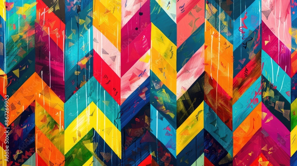 Poster bright and colorful zigzag patterns creating a playful abstract design.