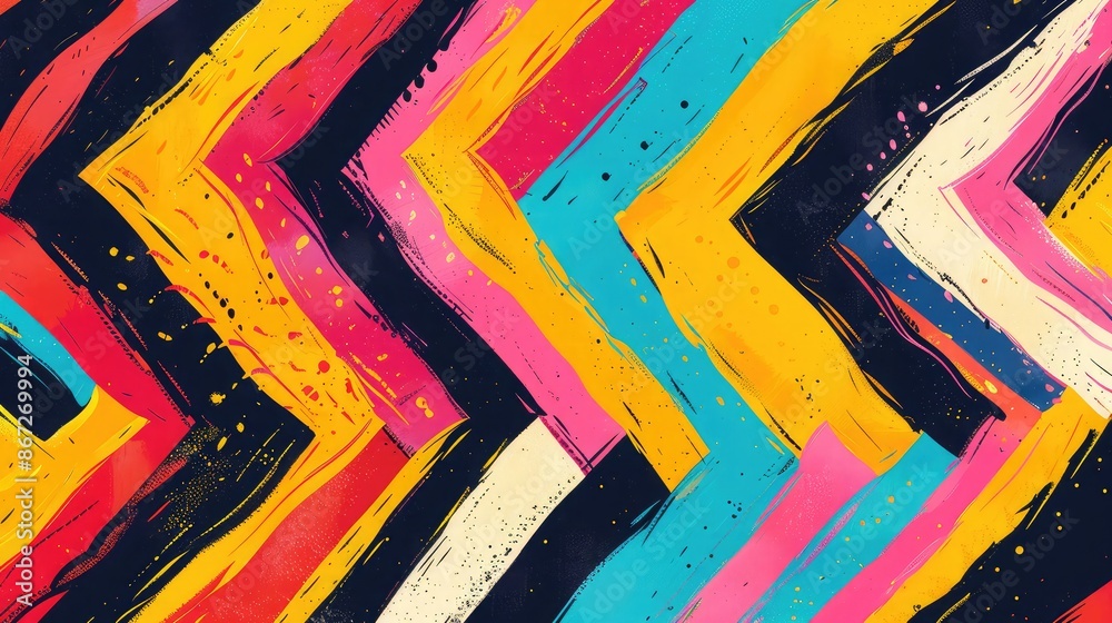 Poster bright and colorful zigzag patterns creating a playful abstract design.