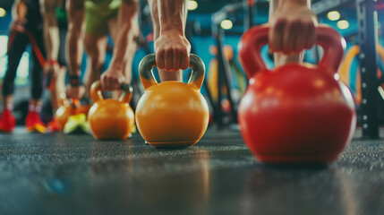 Closeup of group of healthy people exercising together on the floor while training with kettlebells in a weightlifting gym in a health club class.