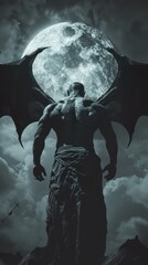 Fototapeta premium a man with wings standing in front of a full moon