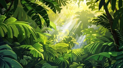 Fototapeta premium Lush Green Jungle Landscape with Sunlight. Tropical Rainforest Illustration