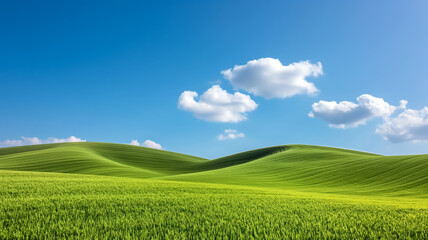 Rolling green hills under a deep blue sky dotted with fluffy white clouds, perfect for a summer escape 