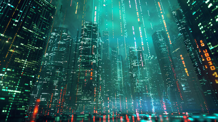A retro computer terminal glitches and transforms into a futuristic cityscape with streams of code morphing into towering skyscrapers and glowing neon signs High Quality High Cl
