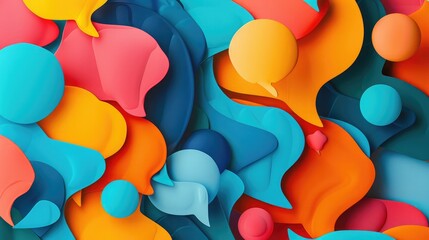 Colorful speech bubbles overlapping in a dynamic, abstract pattern.