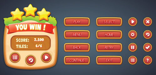 Vector red theme game UI kit. Set of victory menu scene pop up, icons, and buttons with editable text effect. Game UI kit in cartoon style. Complete menu of graphical user interface.