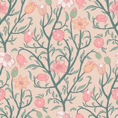 Seamless floral pattern with a light beige background. Stylized tulips flowers in soft pastel shades. 