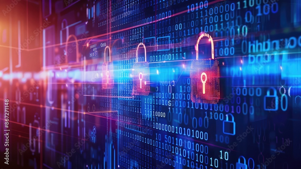 Poster cybersecurity concept with digital locks and data streams in the background.