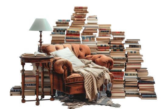 Cozy Reading Alcove Library with Arm Chair isolated on transparent background