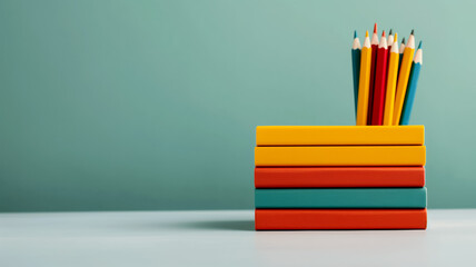 Stack of notebooks in pastel colors on white table for back to school preparation concept 