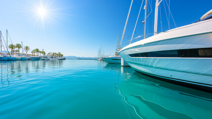 Sun-drenched marina with yachts and vibrant blue water under a clear sky, perfect summer boating...