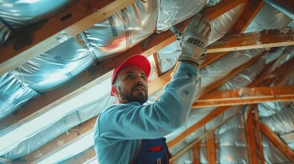 Construction Worker Installing Insulation in Attic