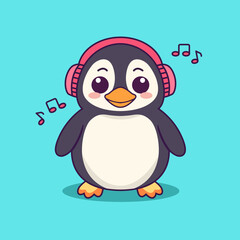Cute penguin wearing headphone and listening music cartoon vector illustration