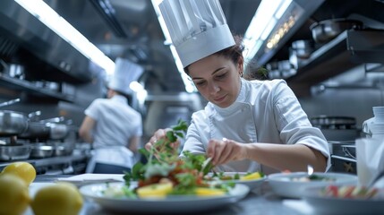 Skilled female chef plating matjes dish in modern kitchen with dynamic staff in hyperrealistic shot