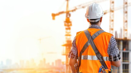 A builder wearing a white hard hat and reflective vest, construction site, safety gear, detailed portrayal, isolated white background, copy space