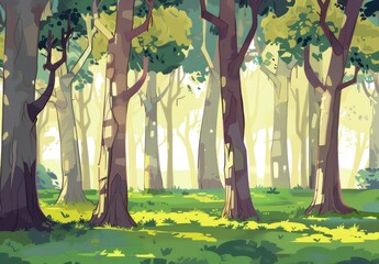 Fototapeta premium Enchanting cartoon forest landscape illustration with sunlight beaming through the trees. Ideal for animation background, game asset, or children's book.