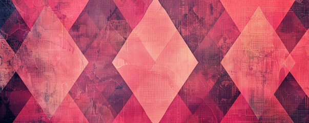 Abstract block pattern with geometric diamond shapes, pink and red background, and vintage faded texture detail