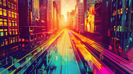 A brightly colored pop art cityscape framed by converging perspective lines transitions into a...