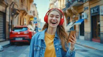 Fototapeta premium The woman with red headphones
