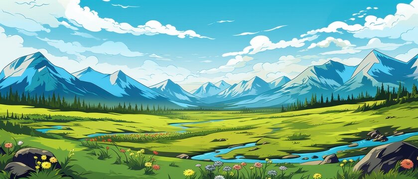 Scenic Cartoon Landscape with Mountains and River, Green valley, meadows and blue sky,  Perfect for animation or game background