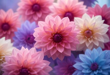 Close-up of vibrant pink and purple dahlia flowers with soft, blurred background