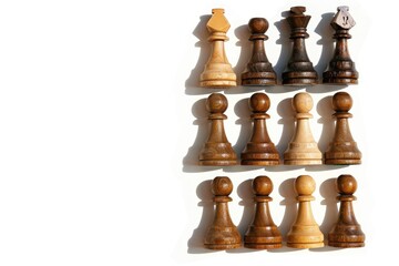 Chess Pieces Arranged in Rows on White Background