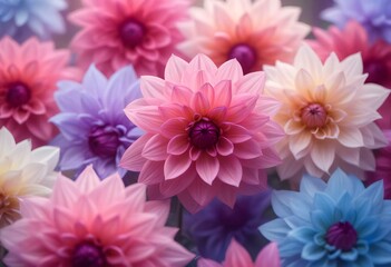 Close-up of vibrant pink and purple dahlia flowers with soft, blurred background