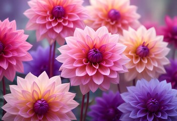 Fototapeta premium Close-up of vibrant pink and purple dahlia flowers with soft, blurred background