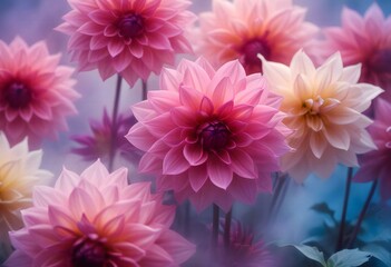 Obraz premium Close-up of vibrant pink and purple dahlia flowers with soft, blurred background