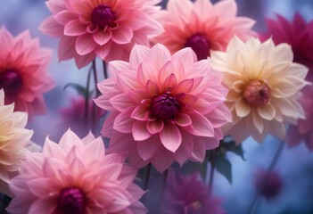 Fototapeta premium Close-up of vibrant pink and purple dahlia flowers with soft, blurred background