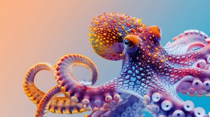 Obraz premium Vibrant and Colorful Octopus Underwater with Detailed Textures and Patterns in a Gradient Background